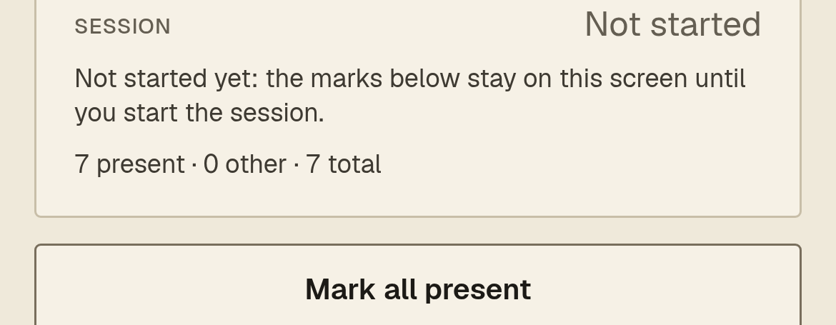The teacher's roll-call session: not started, 7 present, 0 other, 7 total, and the Mark all present control.